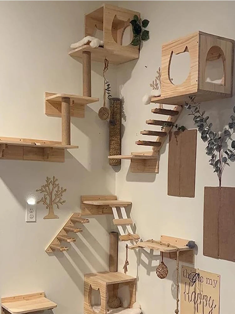 Cat Climbing Shelves Wall Mounted Cat Hammock and Steps Walking Jumping Platform for Wooden Furniture Kitty Playing and Sleeping