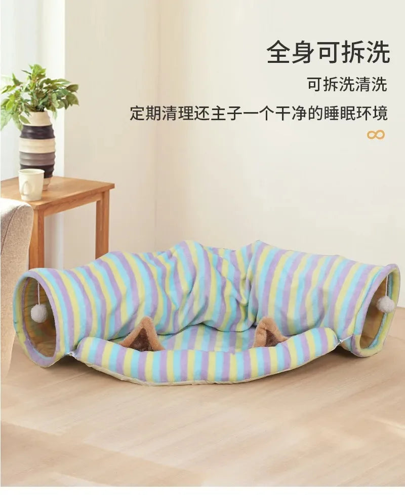 Interactive Cave Toy Multi Function Detachable Foldable Cat Banana Tunnel Bed with Cushion Mat for Pet