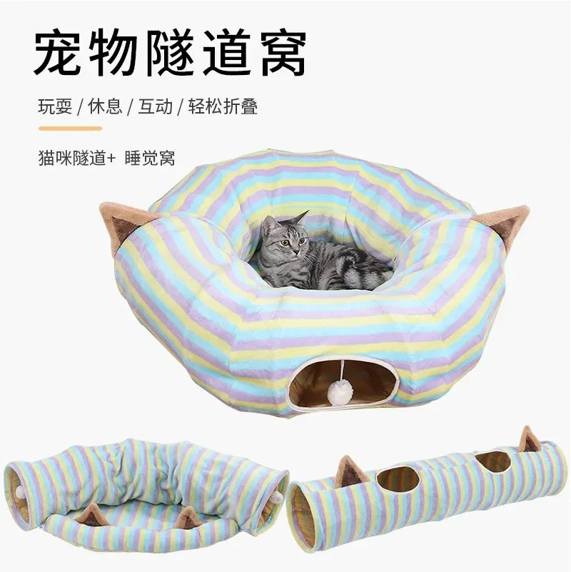 Interactive Cave Toy Multi Function Detachable Foldable Cat Banana Tunnel Bed with Cushion Mat for Pet