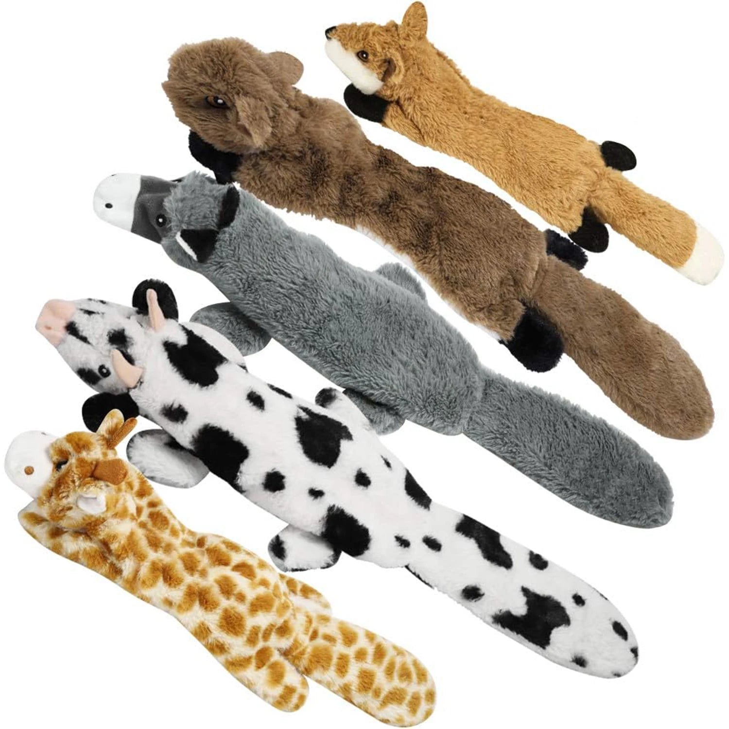 5PCS Crinkle Plush Dog Squeaky Toys Fox Giraffe Squirrel Cow Donkey Style, No Stuffing Dog Toys for Small Medium Large Dogs