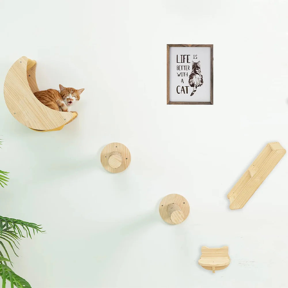 Cat Climbing Shelves Wall Mounted Cat Hammock and Steps Walking Jumping Platform for Wooden Furniture Kitty Playing and Sleeping