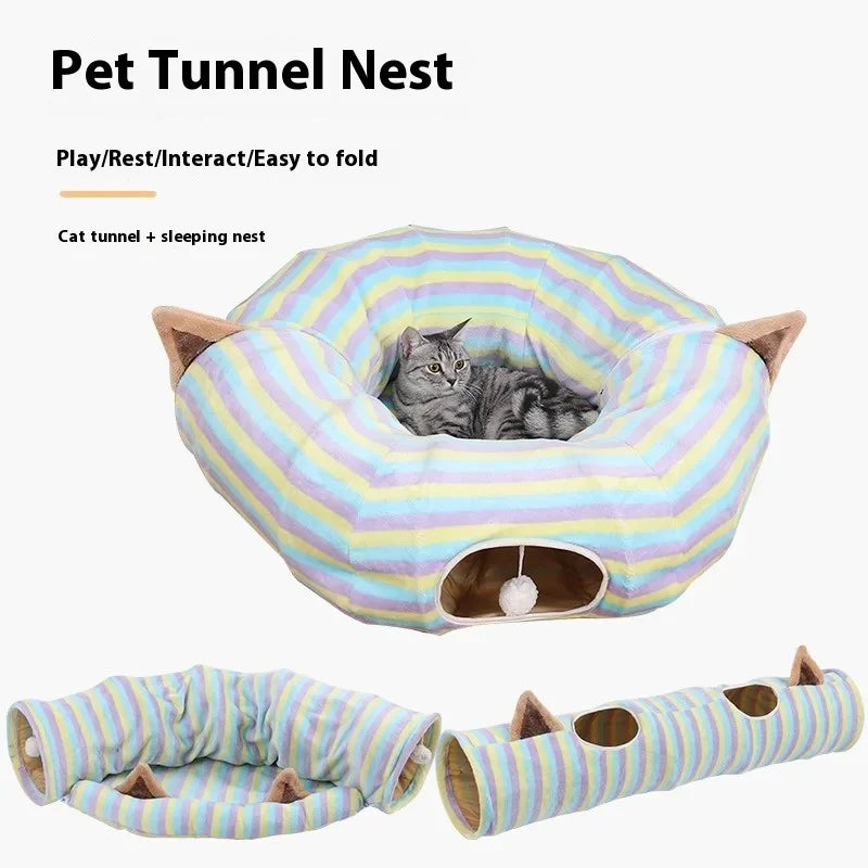 Interactive Cave Toy Multi Function Detachable Foldable Cat Banana Tunnel Bed with Cushion Mat for Pet