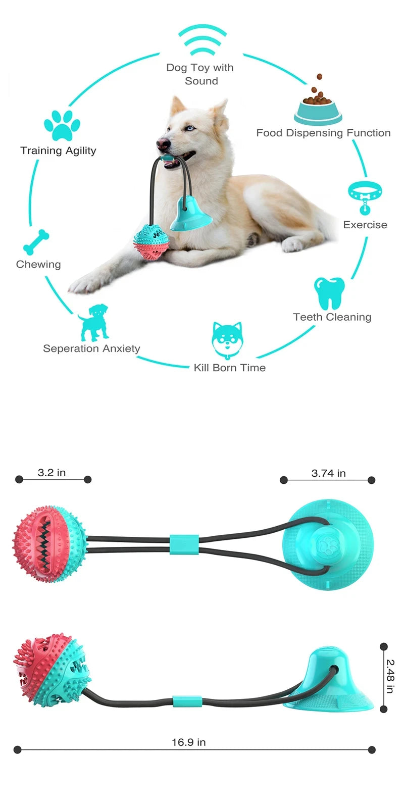 Large Dog Ball Toys Suction Cup Ropes Interactive Leaking Slow Feeder Chew Toy Toothing Clean ，Alaska, Husky toys