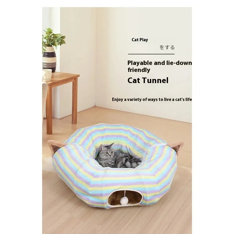 Interactive Cave Toy Multi Function Detachable Foldable Cat Banana Tunnel Bed with Cushion Mat for Pet