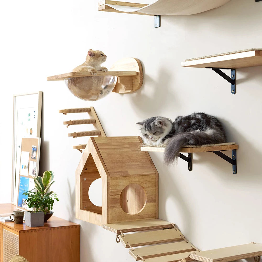 Cat Climbing Shelves Wall Mounted Cat Hammock and Steps Walking Jumping Platform for Wooden Furniture Kitty Playing and Sleeping